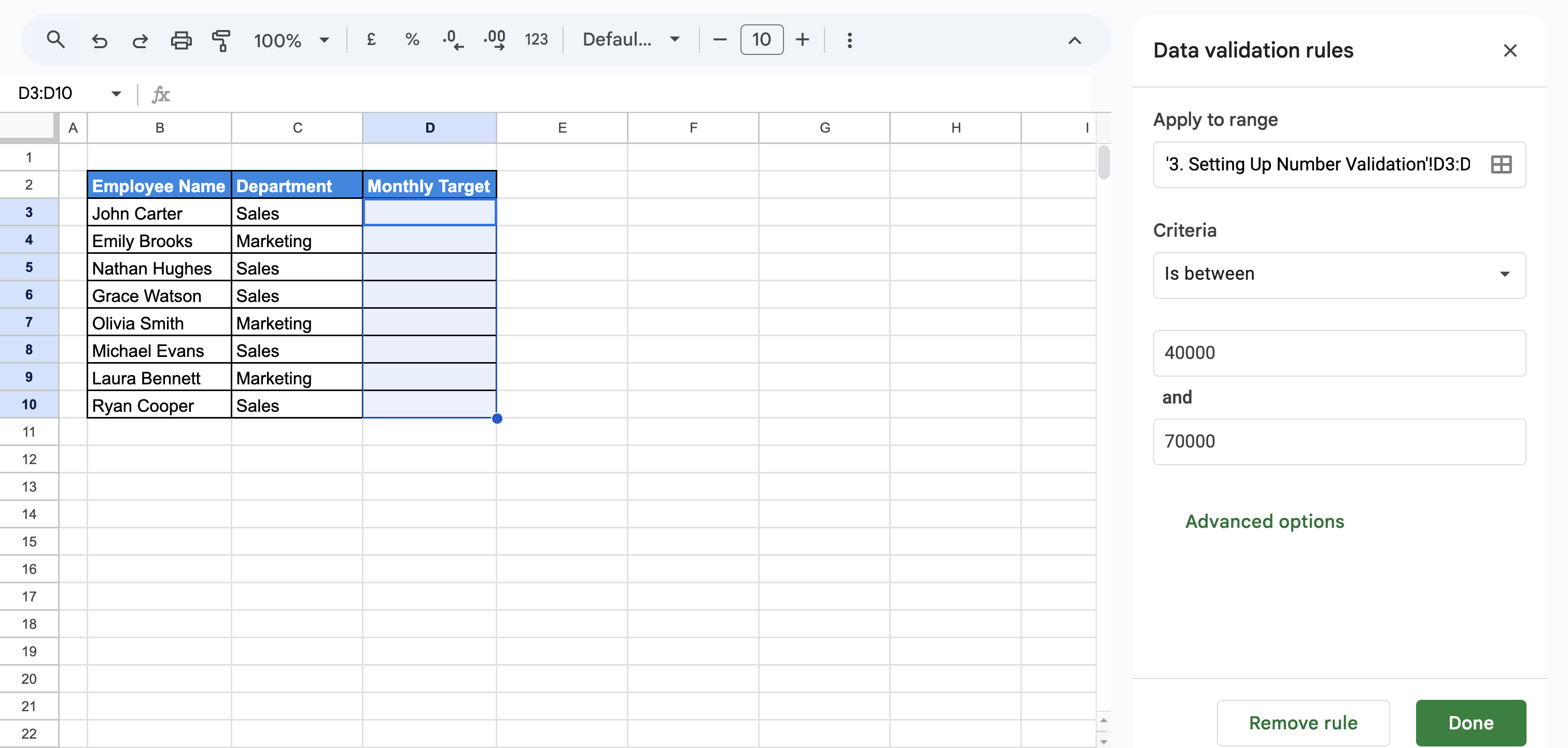Adding number range rule through data validation settings sidebar in Google Sheets. i-border