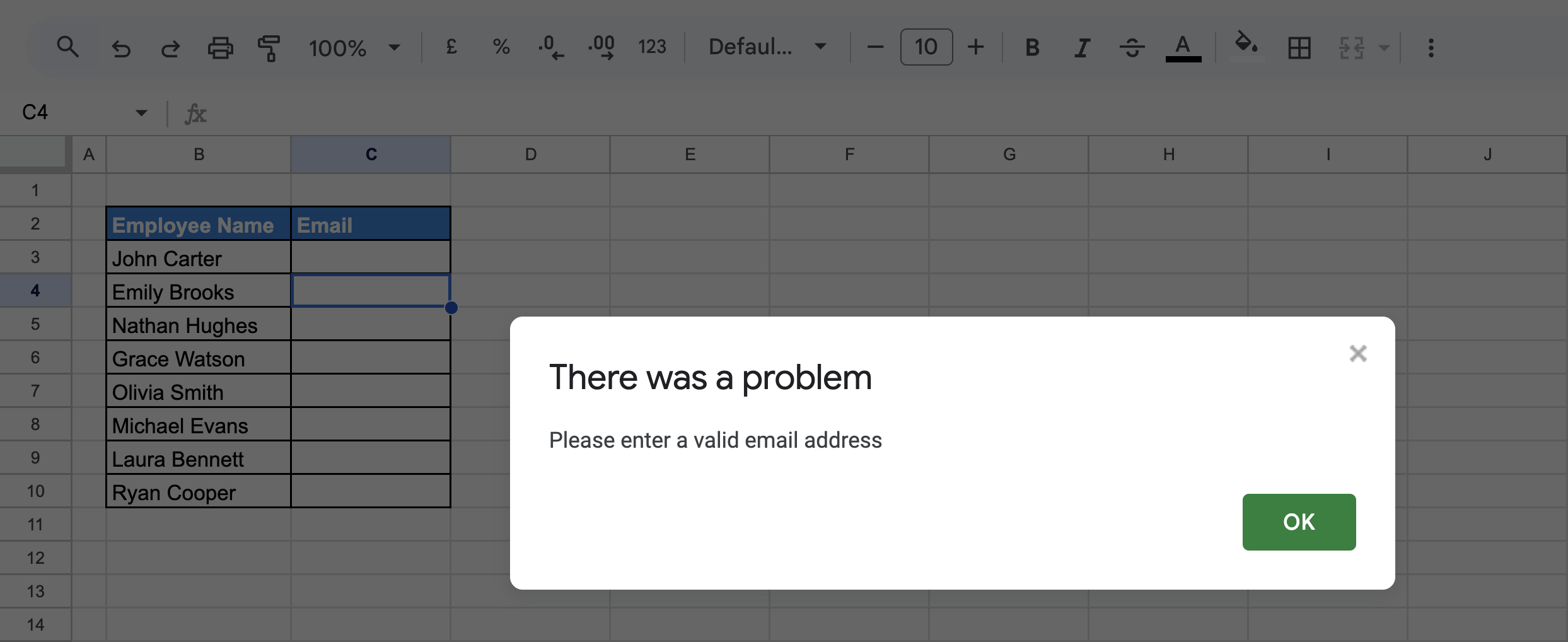 Google Sheets data validation rule set to allow only valid email addresses with help text and rejection of invalid input. i-border