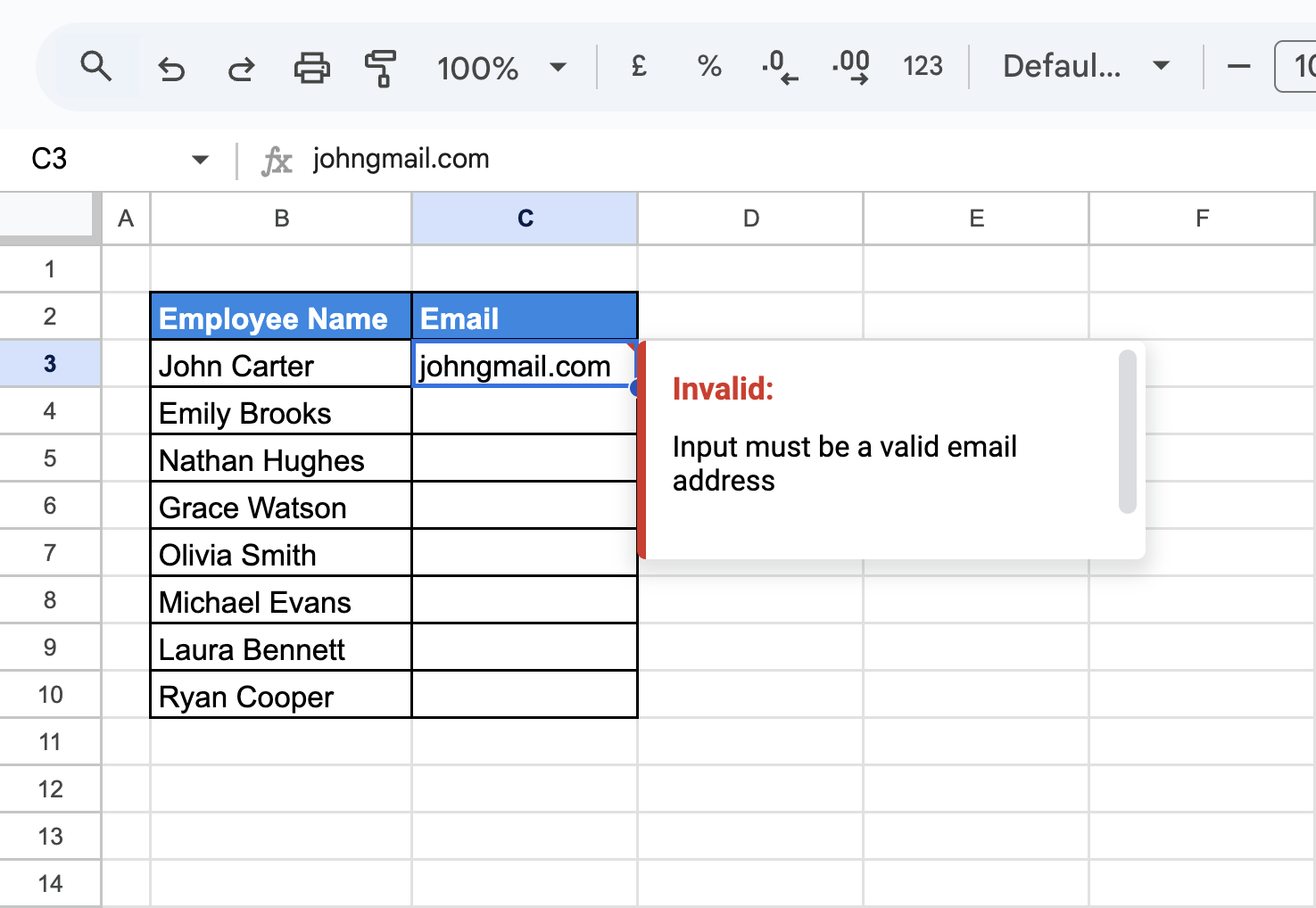  Invalid email entry blocked by data validation rule in Google Sheets. i-border