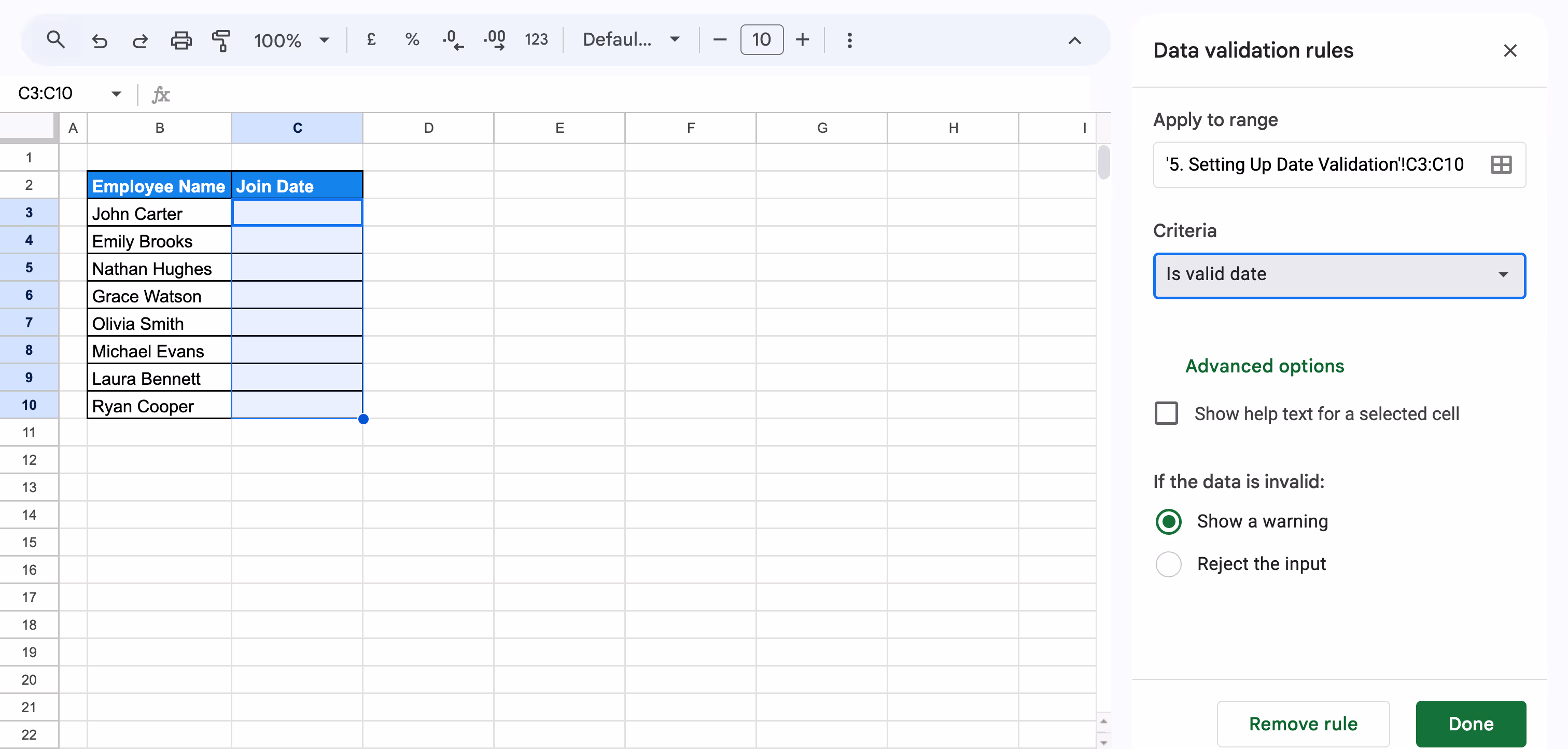 Google Sheets data validation rule set to accept only valid dates in the Join Date column, with options to show a warning or reject invalid input. i-border