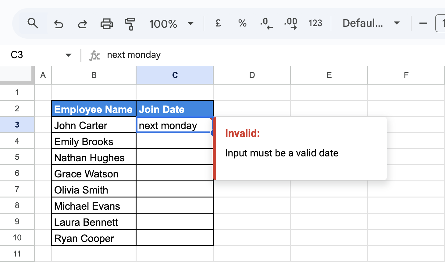 Join Date column in Google Sheets with an applied rule to accept only valid dates. i-border