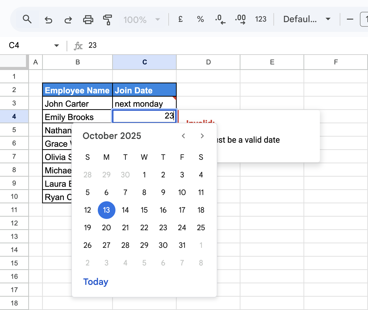 Calendar picker appearing in Google Sheets cell after applying date validation. i-border
