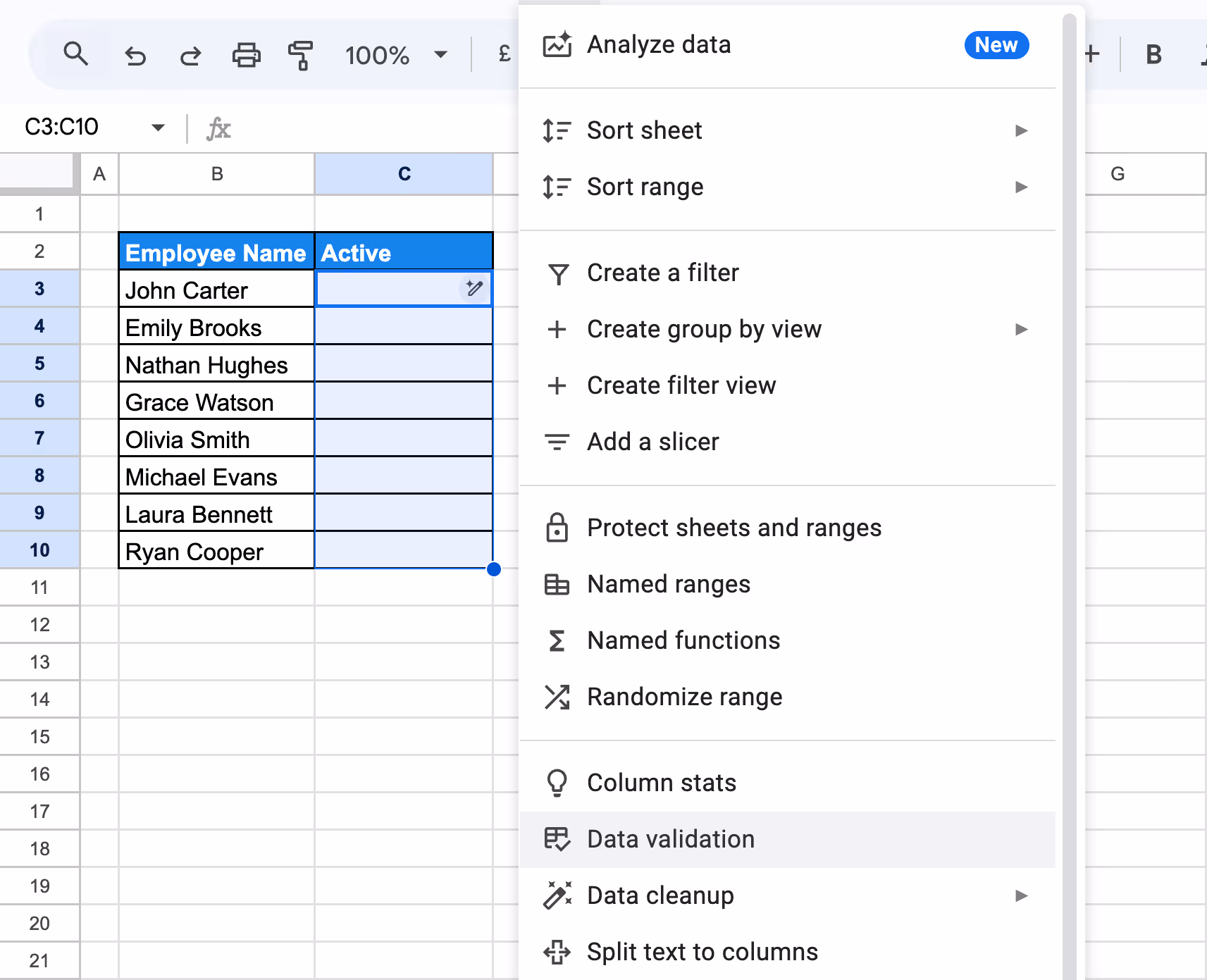 Google Sheets data validation menu accessed to apply a checkbox rule for the Active column. i-border