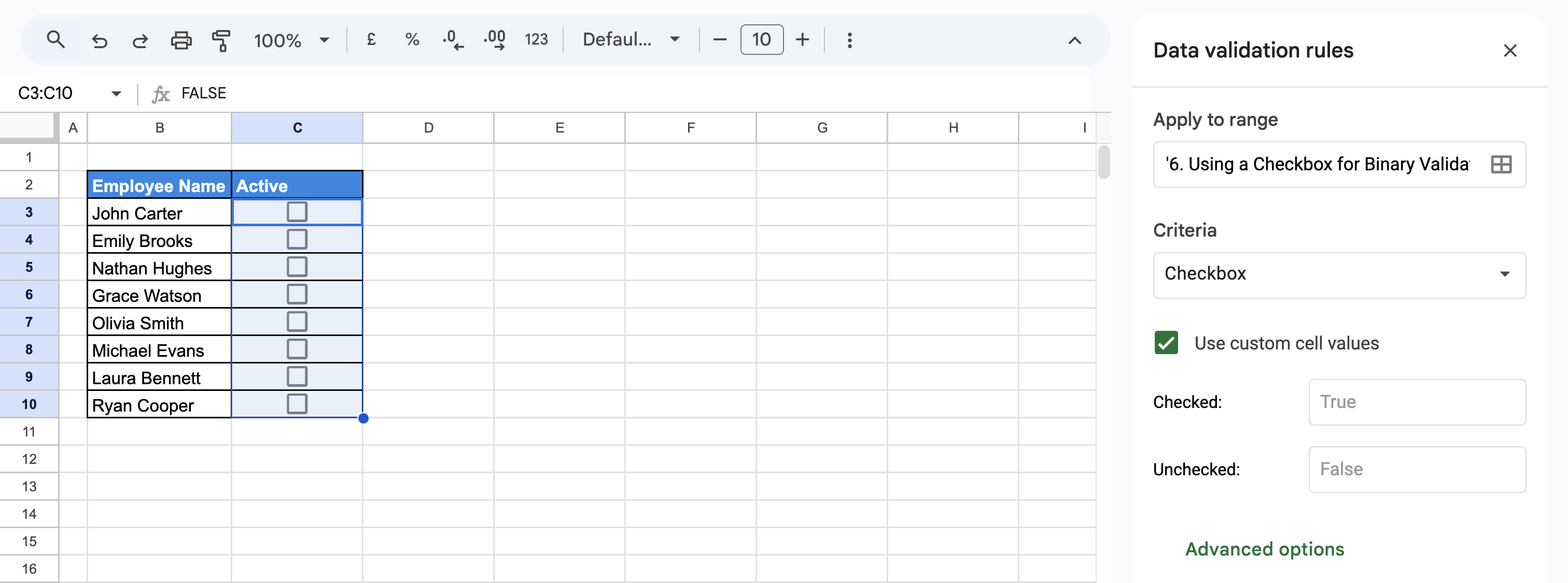 Google Sheets data validation rule using checkboxes with TRUE and FALSE values in the Active column. i-border