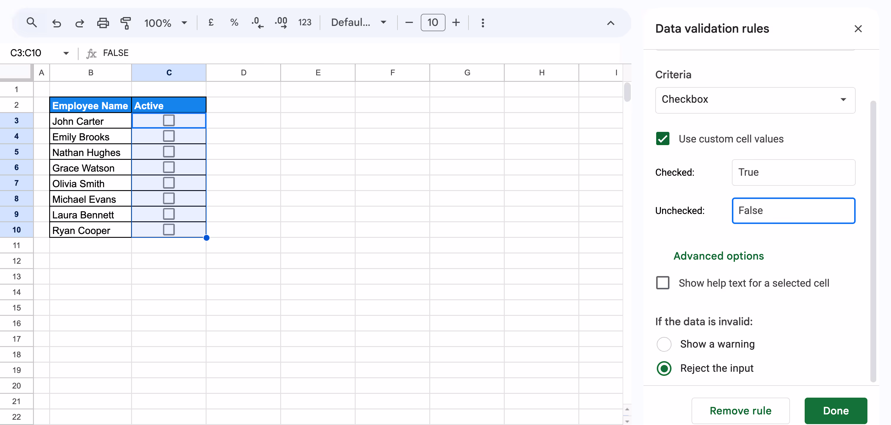 Checkbox input in Google Sheets Active column enabled through data validation. i-border