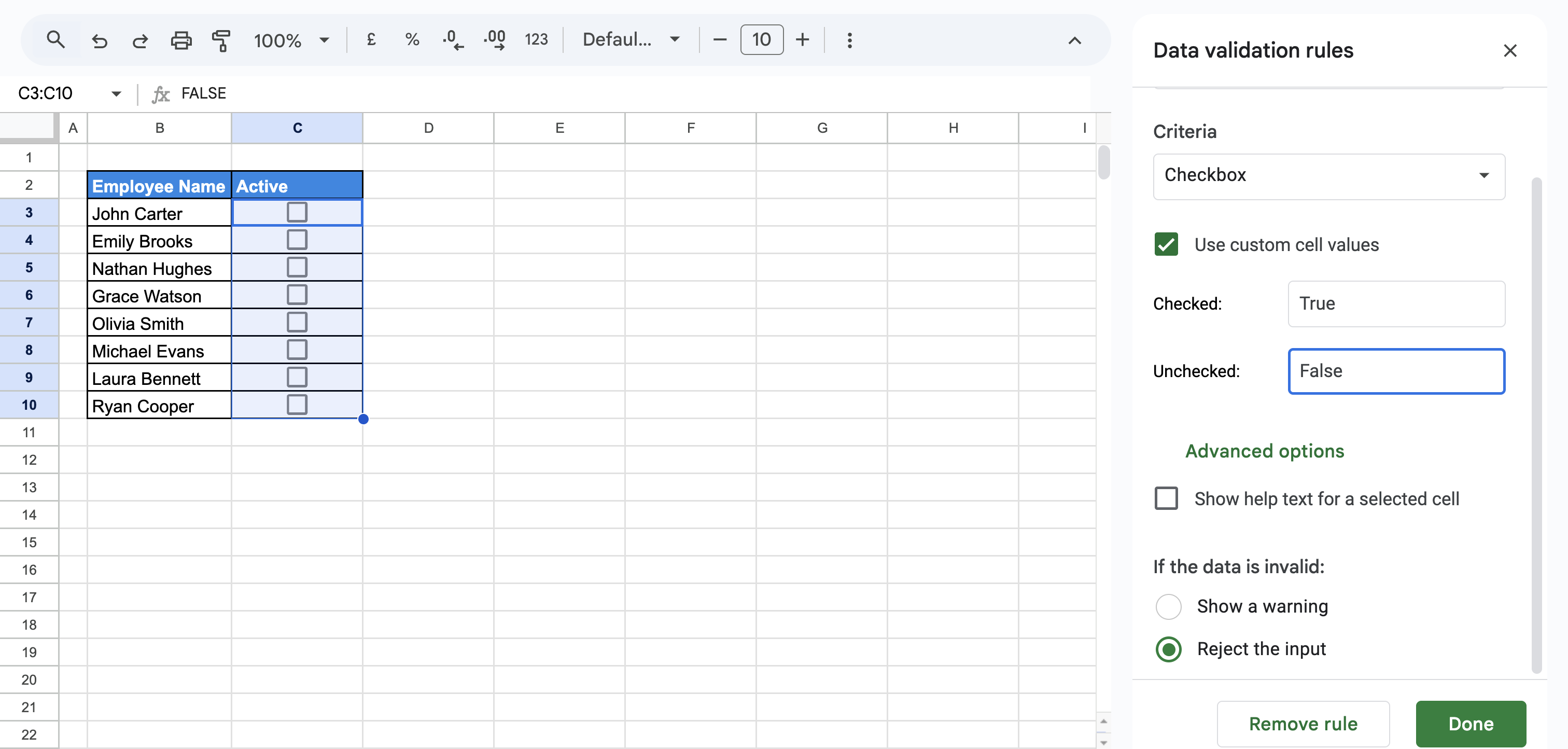 Checkbox input in Google Sheets Active column enabled through data validation. i-border