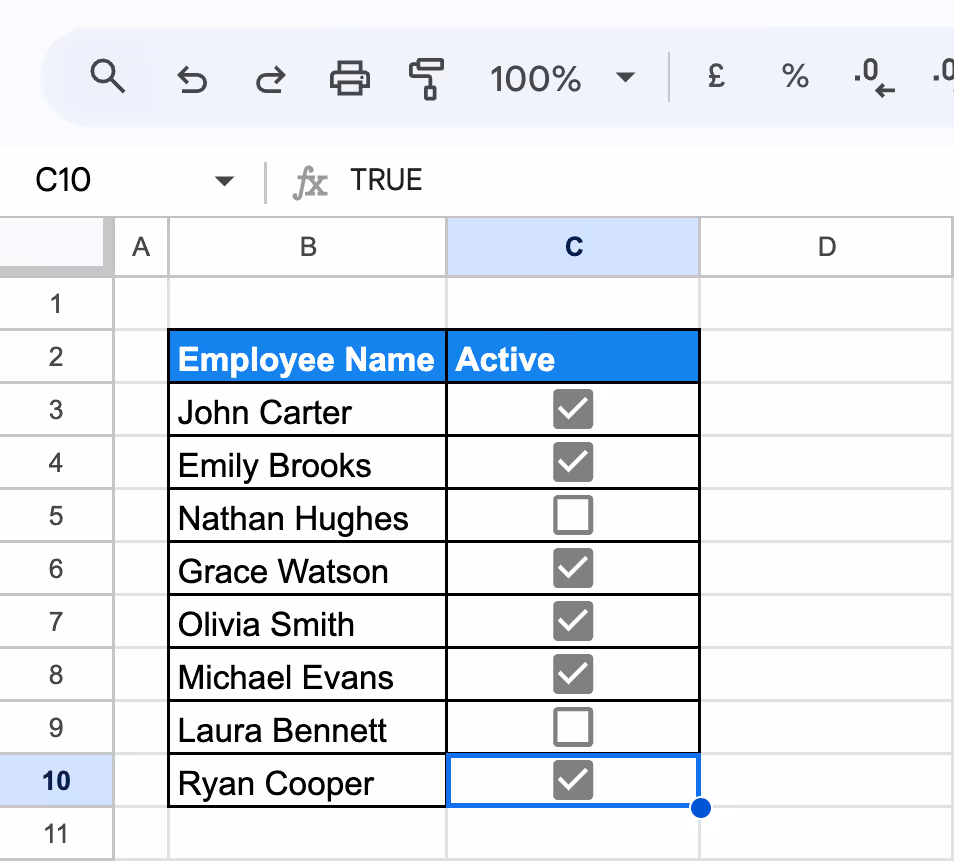 Google Sheets showing checkboxes restricting user input to binary values. i-border