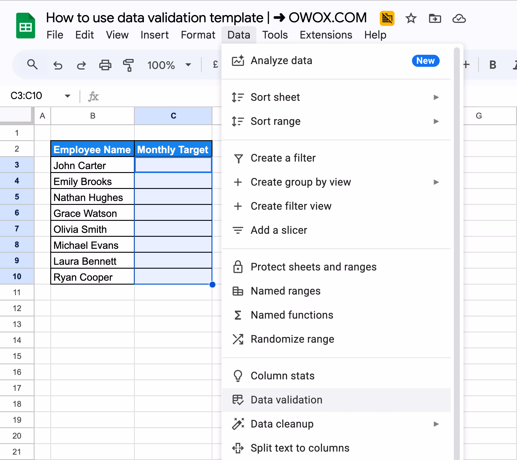 Google Sheets data validation opened to apply a custom formula for Monthly Target entries. i-border