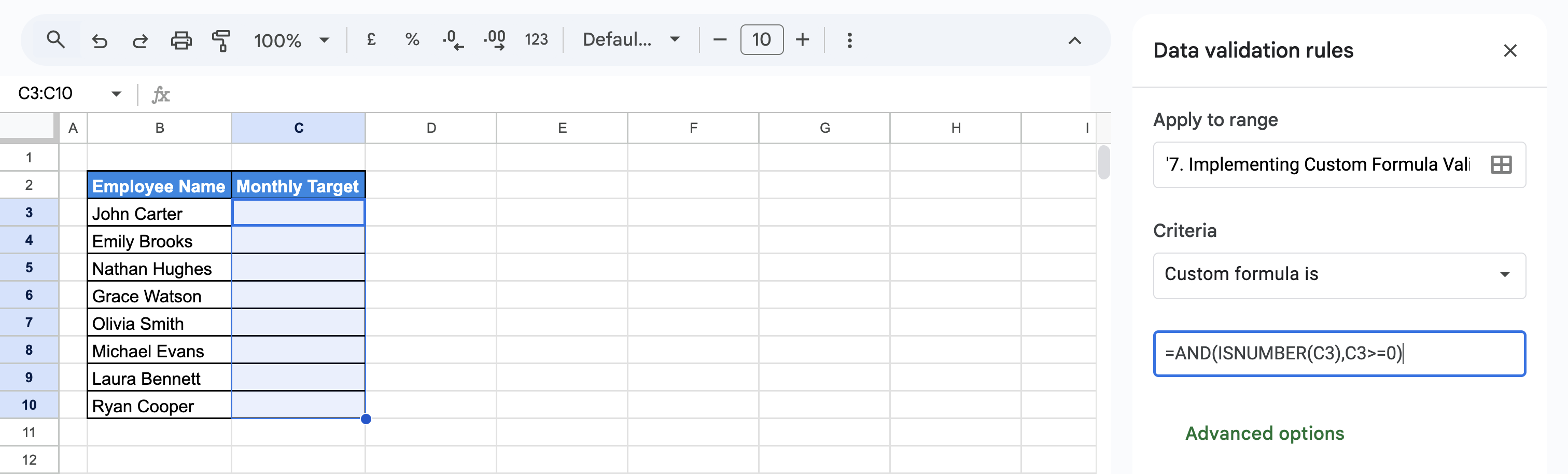 Using Custom formula input in Google Sheets data validation panel using ISNUMBER and AND to restrict Monthly Target to non-negative numbers. i-border