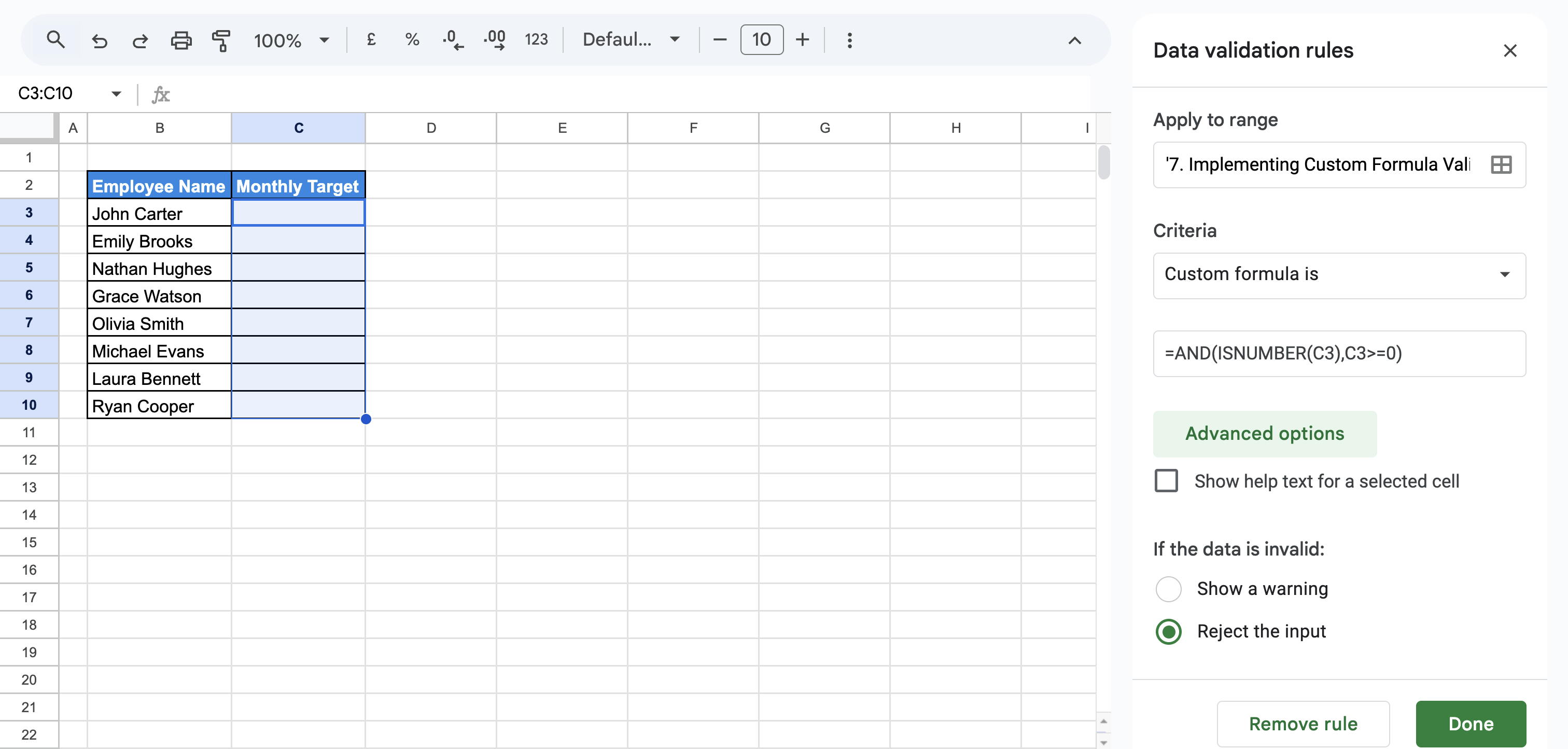 Google Sheets data validation rule selecting Reject input option to block negative numbers and text in the Monthly Target column. i-border