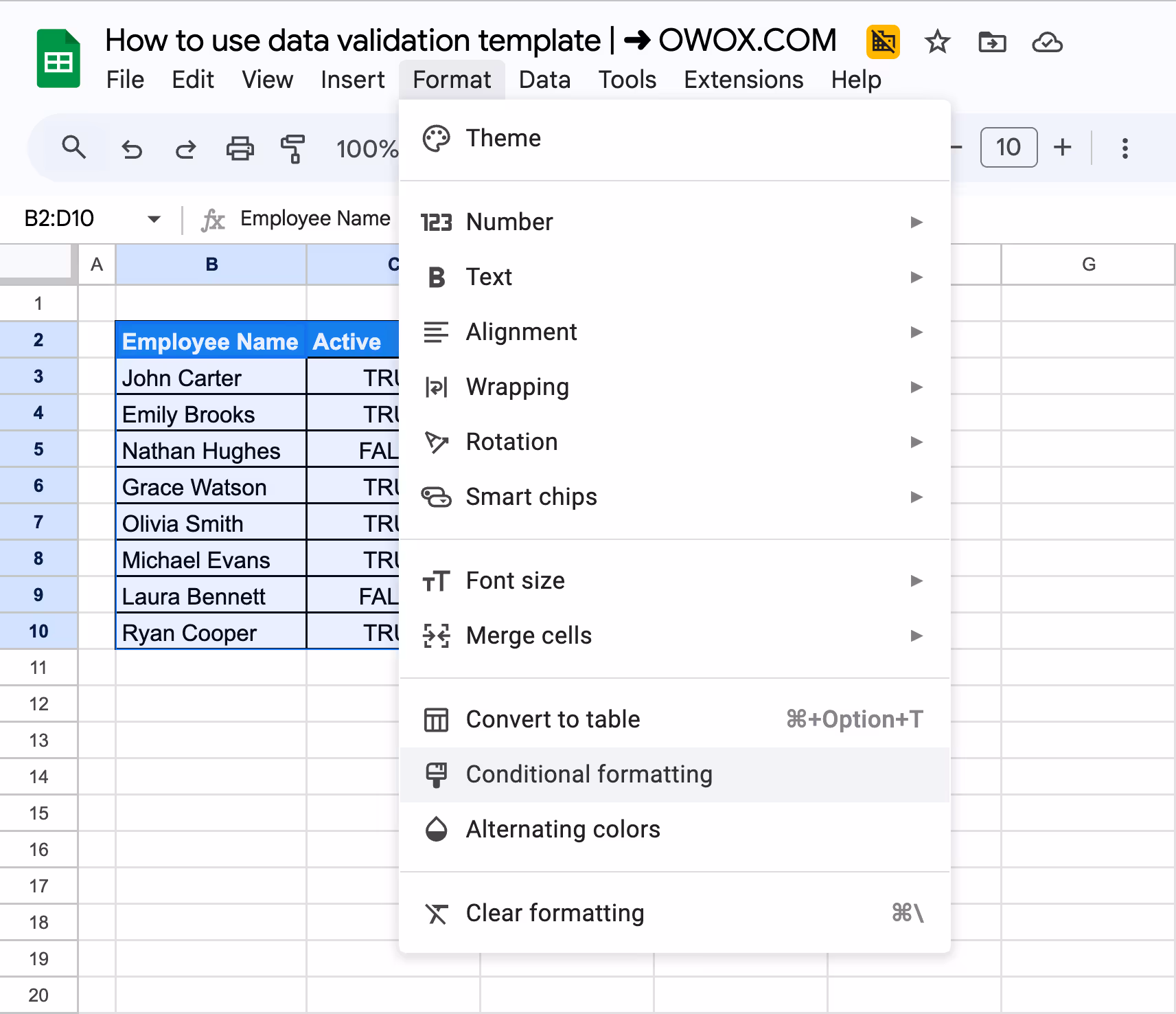 Opening the Conditional Formatting option in Google Sheets to visually support data validation rules for employee data. i-border
