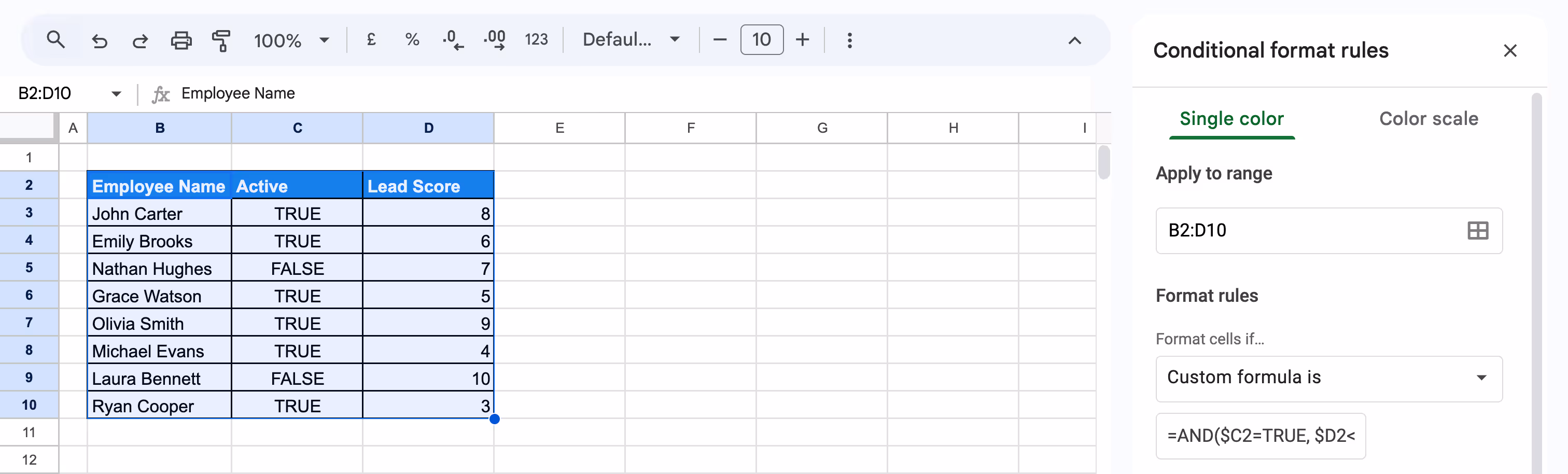 Google Sheets using a custom formula in Conditional formatting to highlight Active employees with a Lead Score below 5 alongside data validation. i-border
