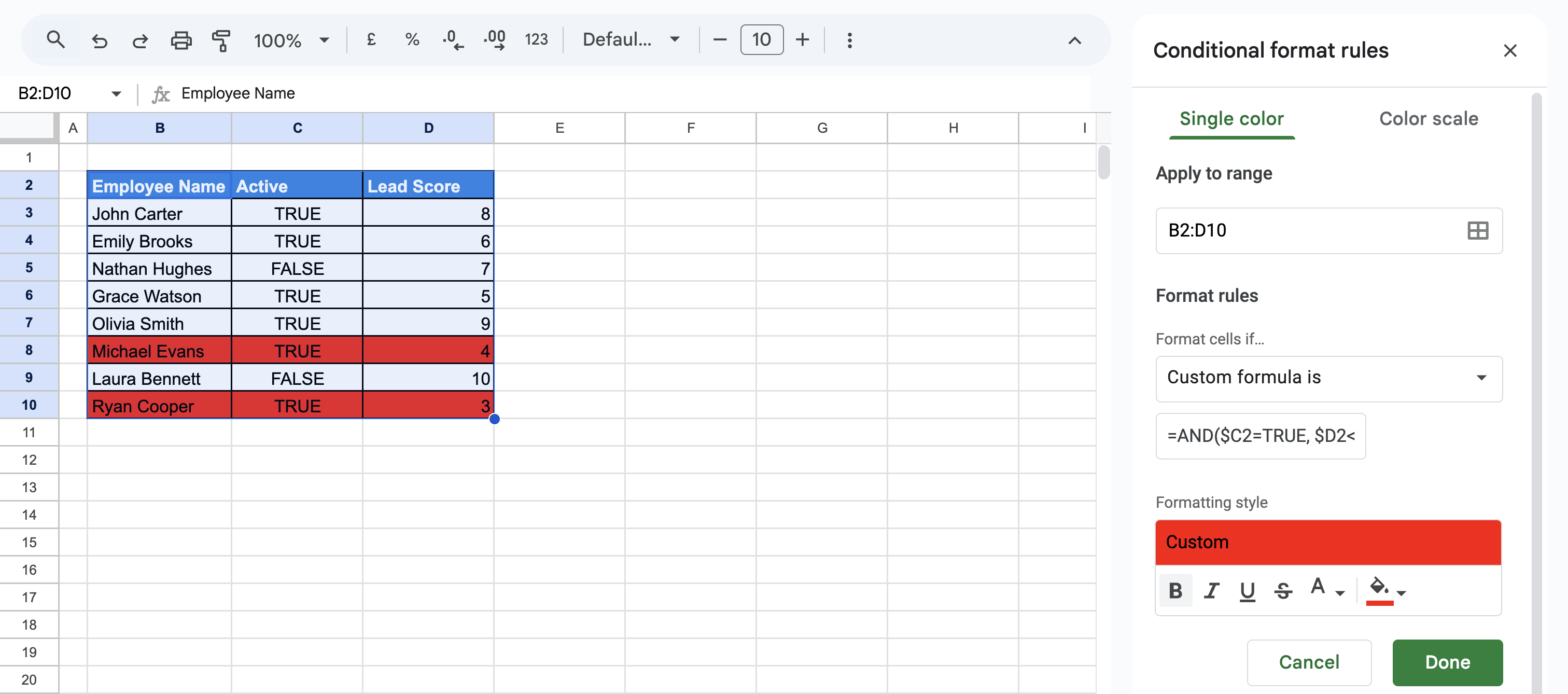  Google Sheets showing red highlight applied through Conditional formatting based on a data validation rule. i-border
