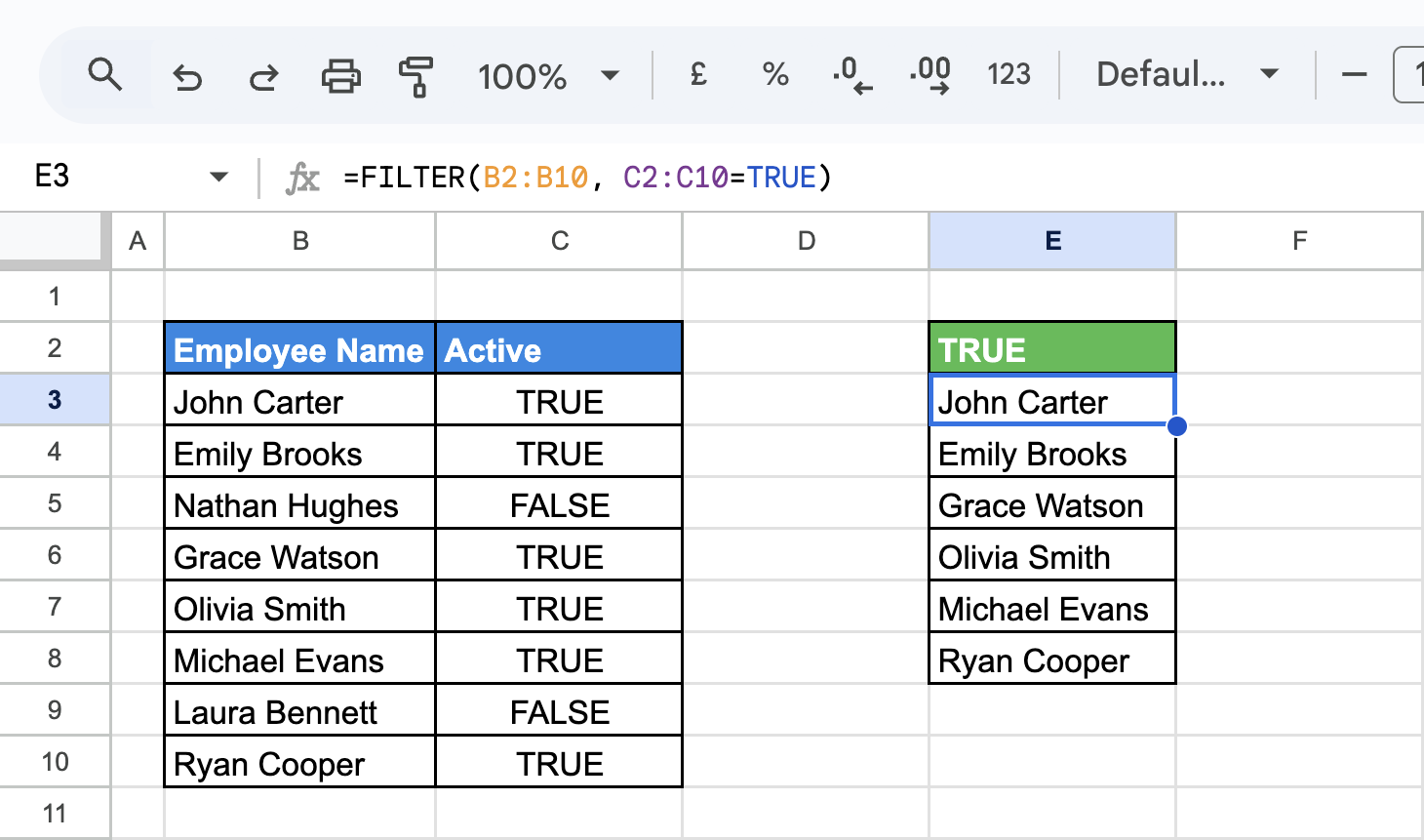 Using the FILTER function in Google Sheets to create a list of active employees for data validation. i-border