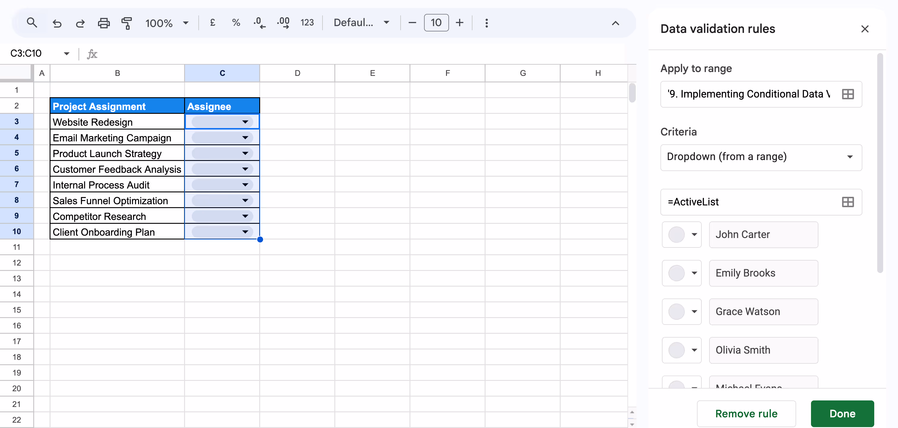 Google Sheets data validation rule using named range “ActiveList” to create an Assignee dropdown based on active employees. i-border