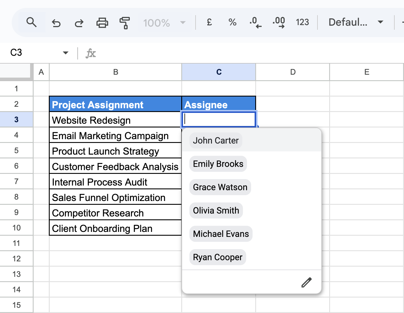Dropdown in Google Sheets Assignee column showing active employee names set by data validation using a filtered list. i-border