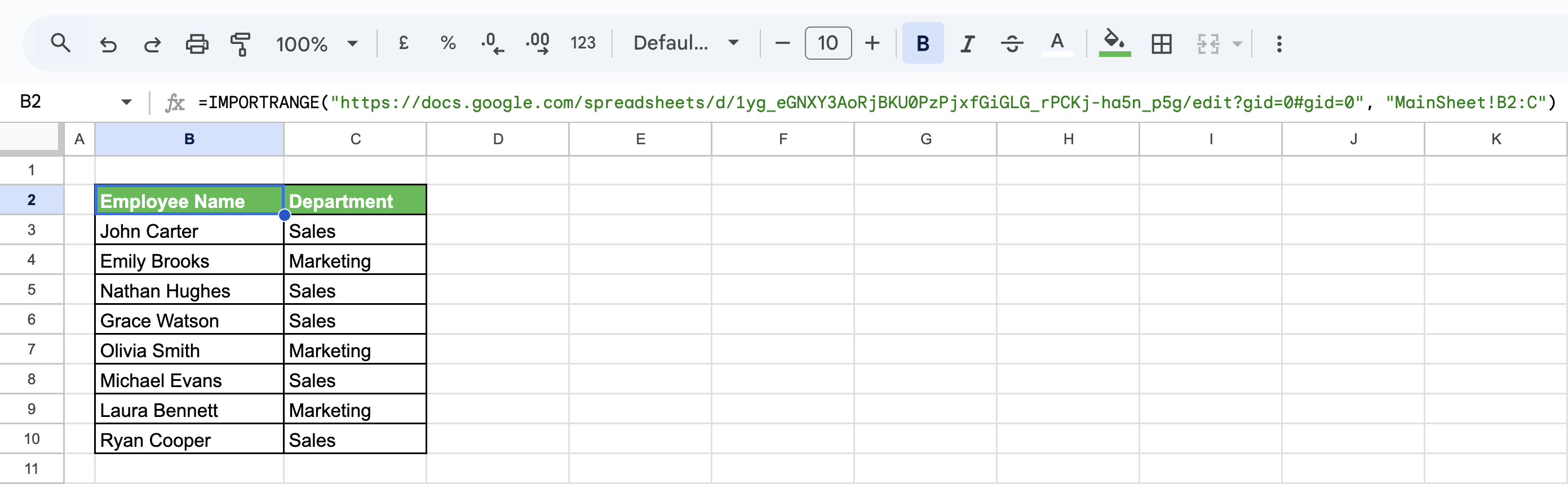 Google Sheets displaying clean Department data imported via IMPORTRANGE function for consistent dropdown data validation. i-border