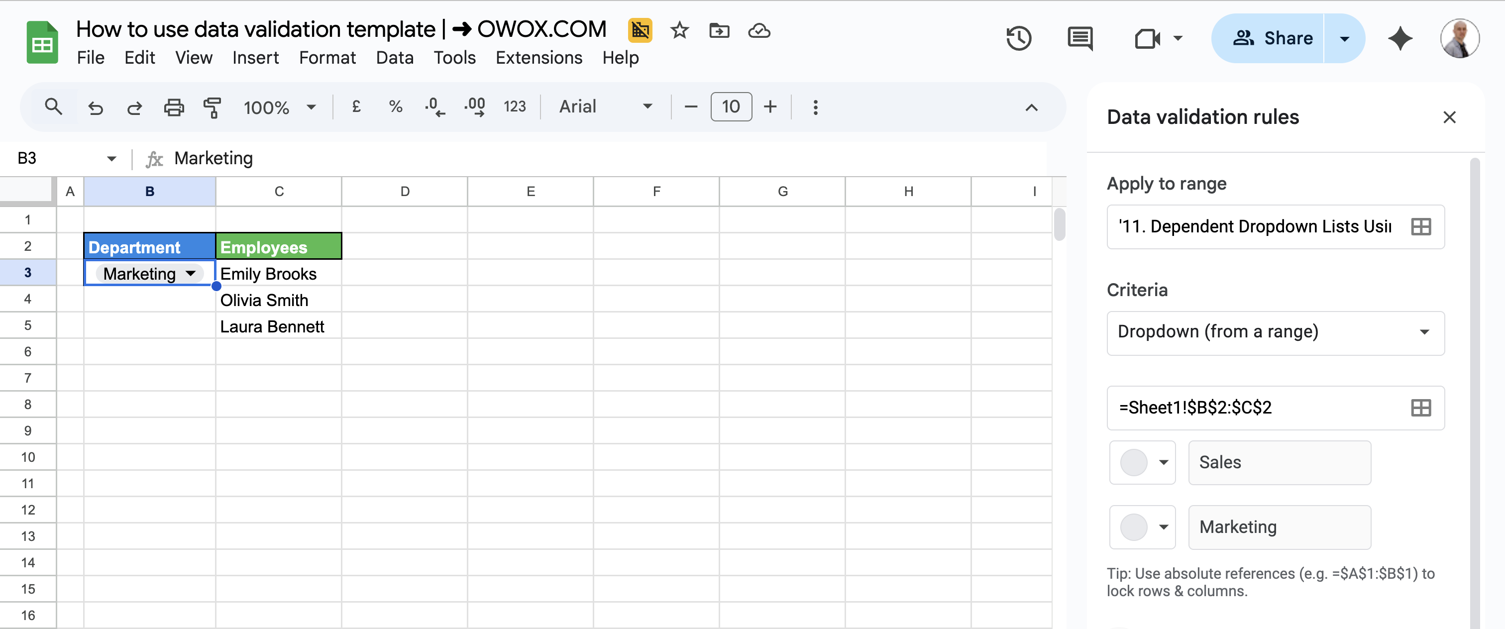 Settings for creating Data Validation for Dependant dropdown in Google Sheets. i-border