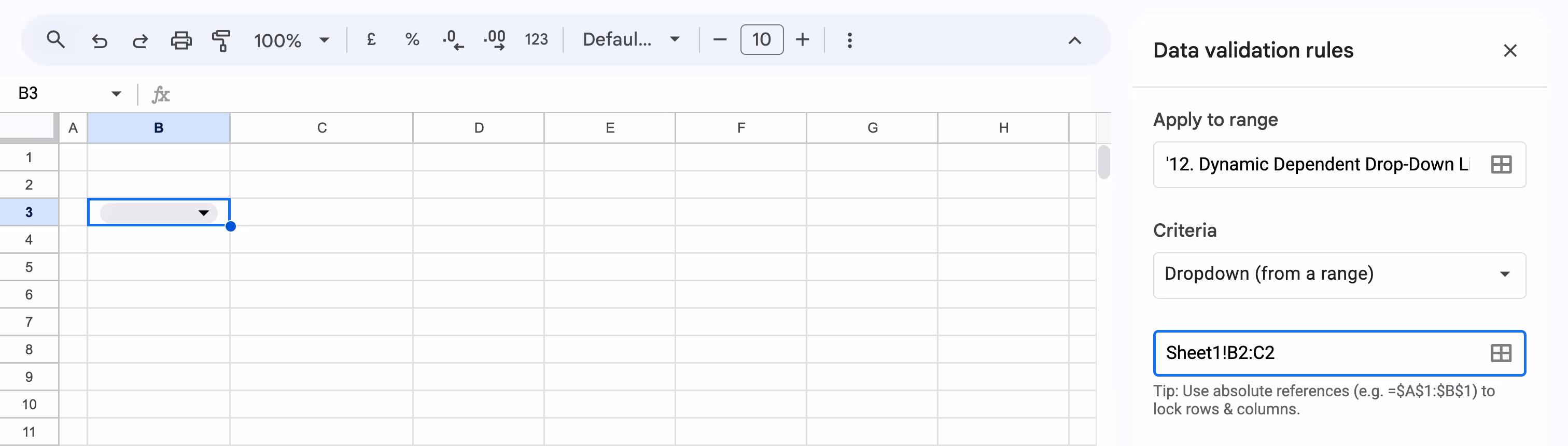 Data validation rule in Google Sheets set to create a dropdown from a department range for dependent list selection. i-border