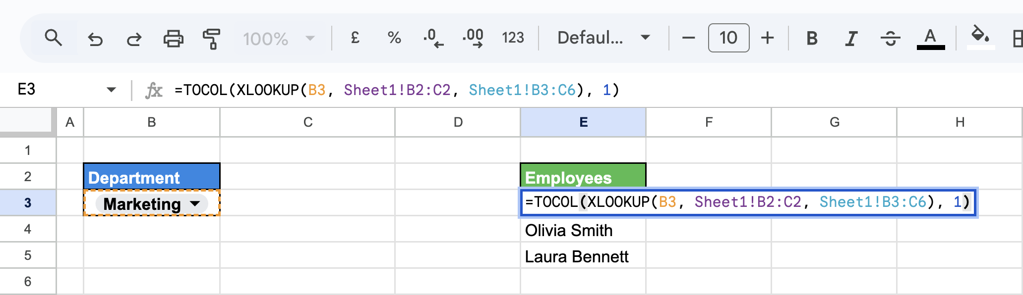 Google Sheets formula using XLOOKUP and TOCOL to dynamically generate employee names for data validation based on department. i-border