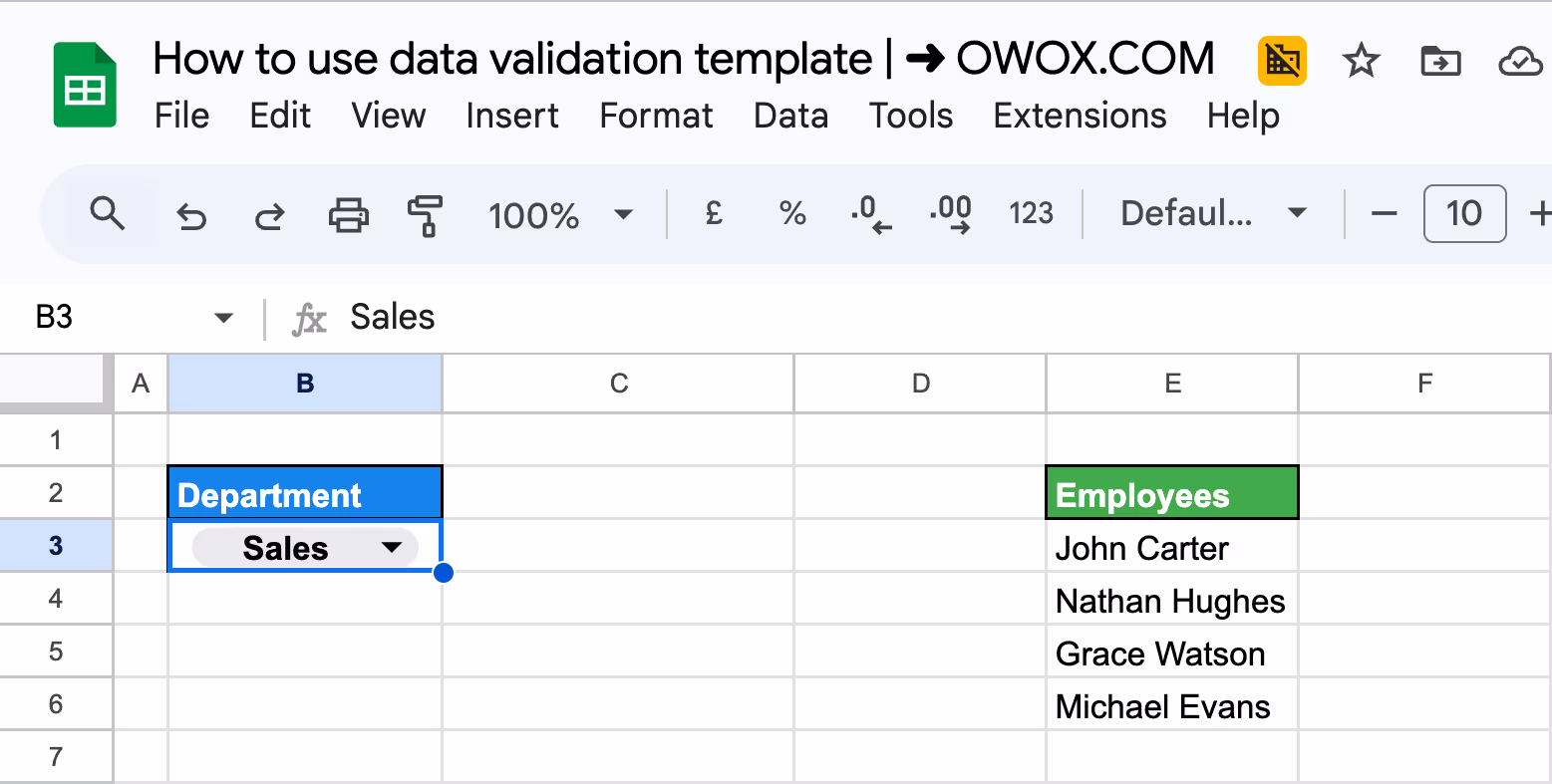 Dropdown in Google Sheets displaying “Sales” department selected to trigger dependent employee list for data validation. i-border
