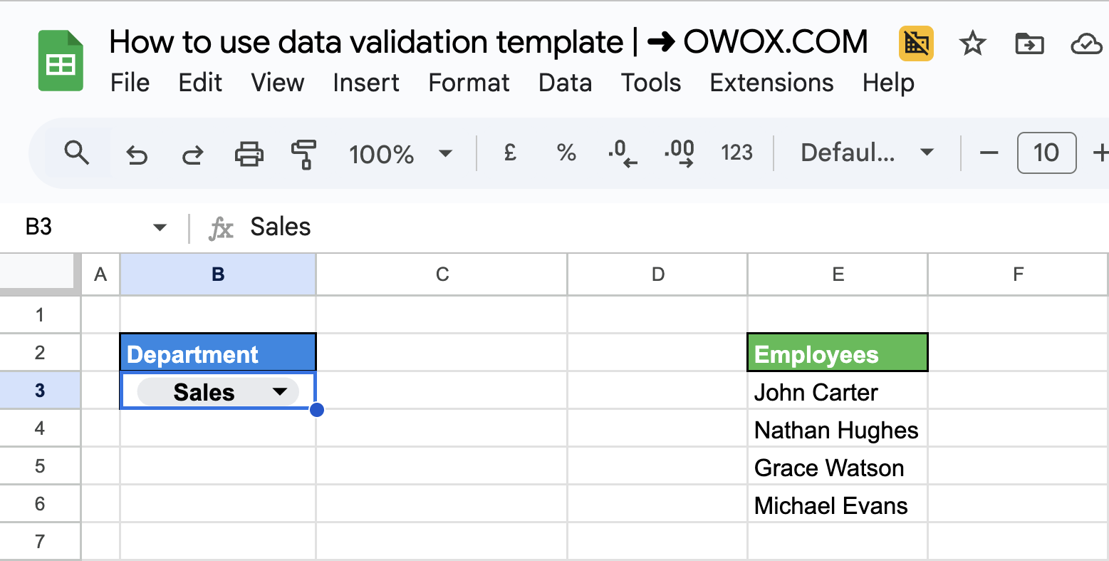 Dropdown in Google Sheets displaying “Sales” department selected to trigger dependent employee list for data validation. i-border