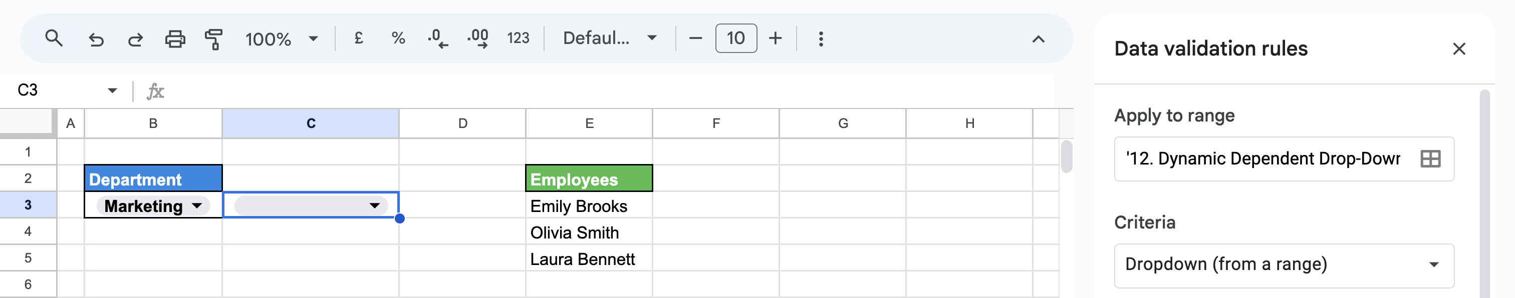 Data validation in Google Sheets using dynamically generated list of Sales employees as dropdown values. i-border