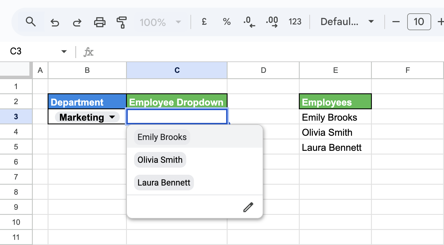 Dropdown in Google Sheets displaying employees filtered by selected department using dependent data validation. i-border