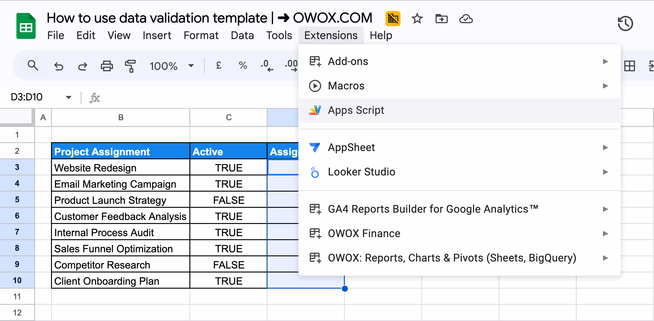 Opening Google Sheets Apps Script from the Extensions menu to automate data validation for the Assignee column based on active status. i-border