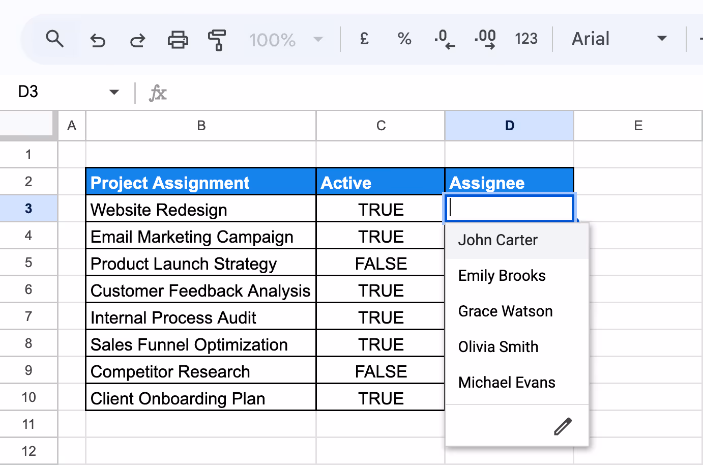 Dropdown in Google Sheets Assignee column showing active employees, populated through data validation automated by Apps Script. i-border