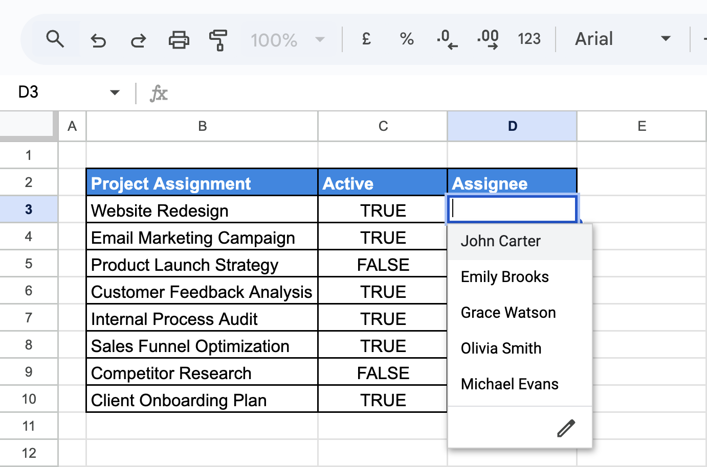 Dropdown in Google Sheets Assignee column showing active employees, populated through data validation automated by Apps Script. i-border