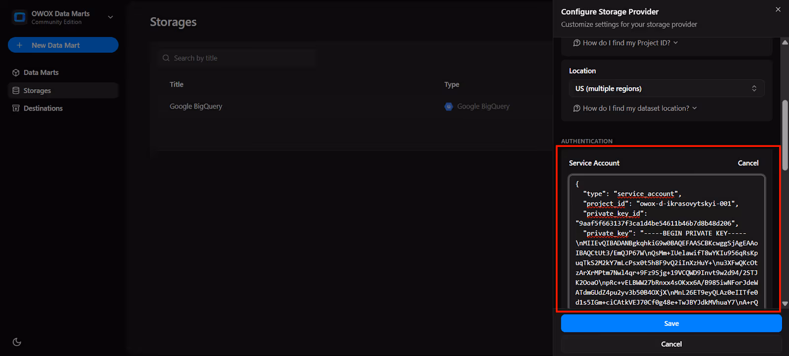 OWOX connector configuration labeled ‘OWOX Service Account JSON Field’ where users paste their service account key for authentication. i-shadow