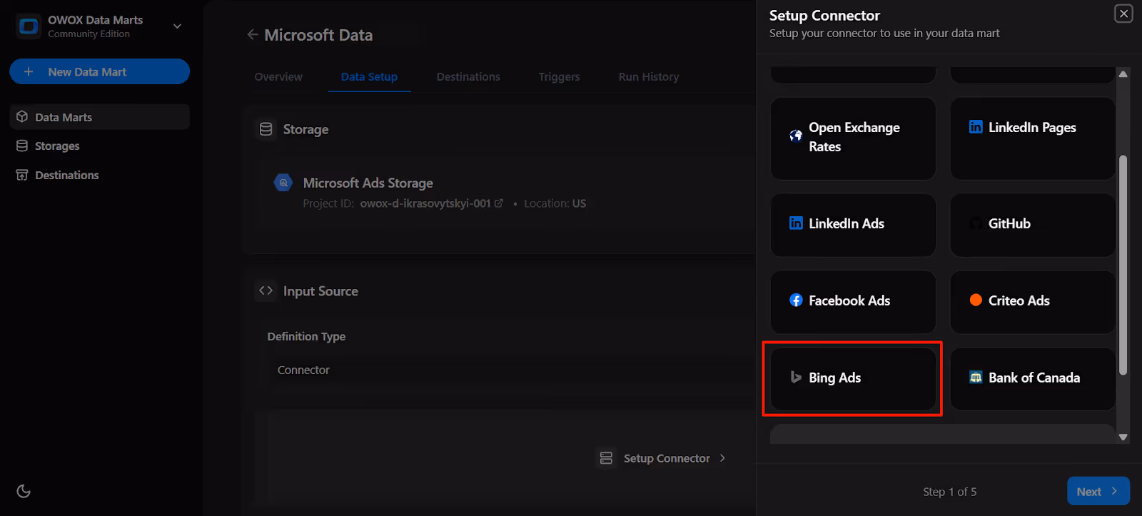 Setup Connector panel in OWOX Data Marts with Bing Ads selected as the connector source i-shadow