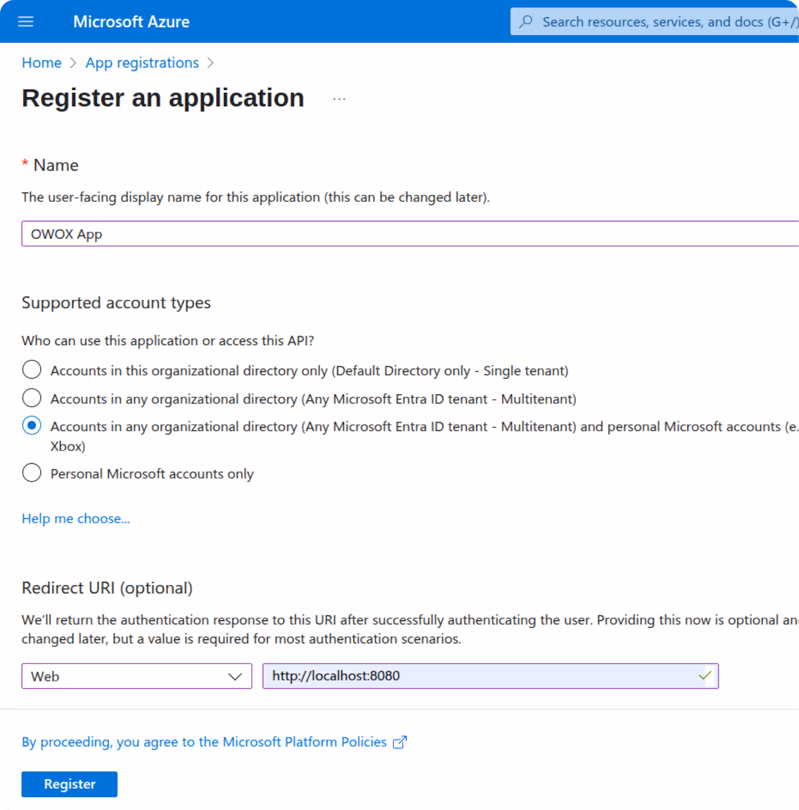 Azure App registration screen showing name field and redirect URI for Bing Ads integration. i-shadow