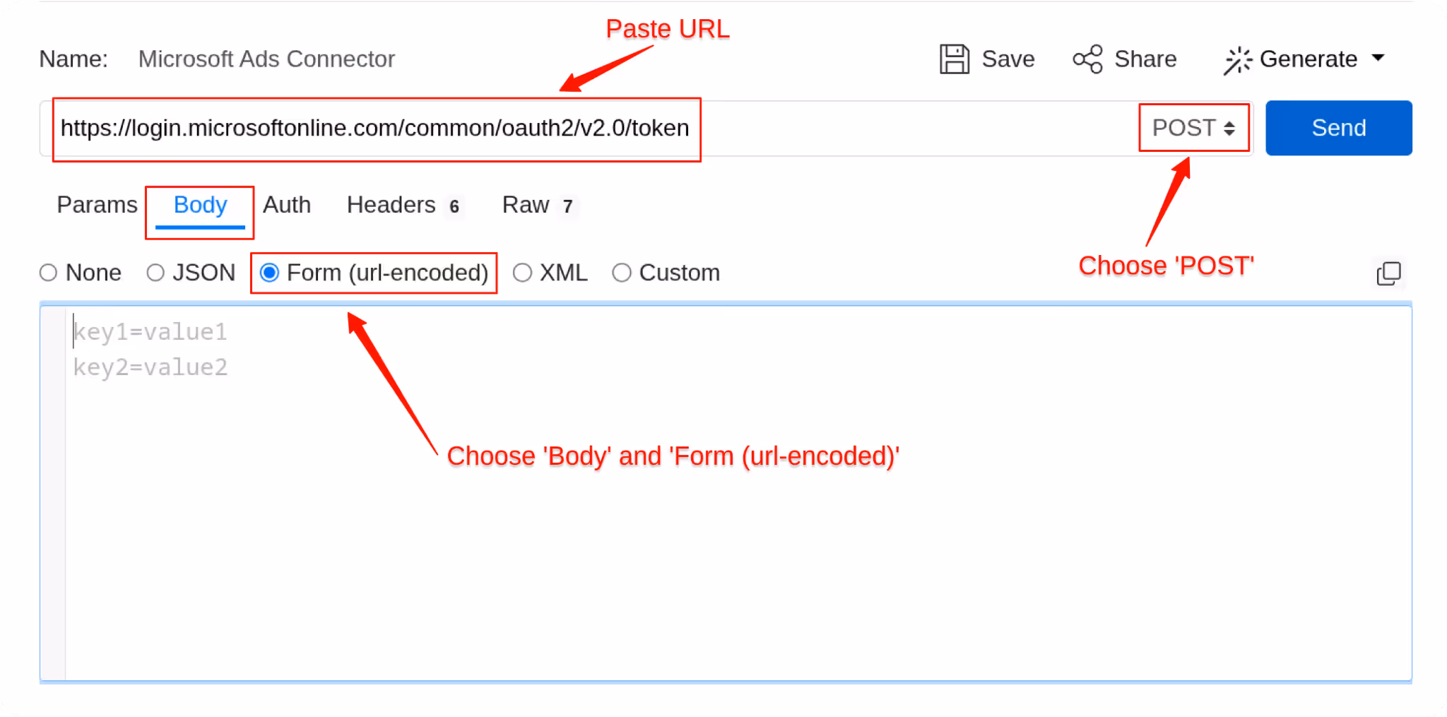 Postman window showing how to send a POST request to the Microsoft OAuth token URL using the Body tab with Form (url-encoded) selected. i-shadow