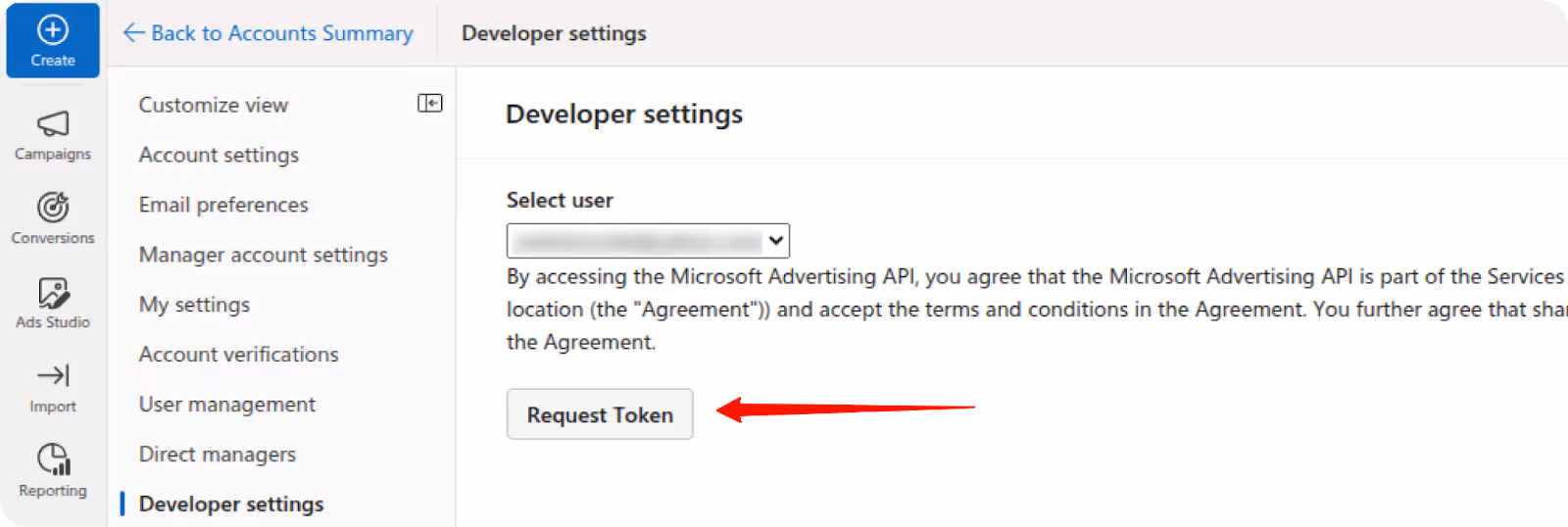 Microsoft Ads Developer Settings page showing “Request Token” option highlighted. i-shadow