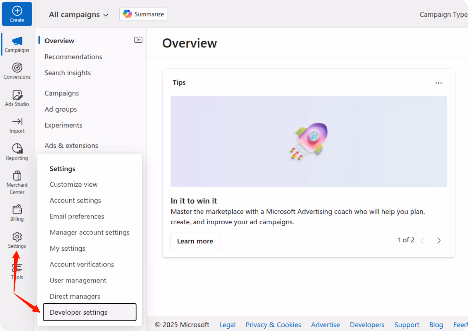 Navigating to Developer settings in Microsoft Ads by selecting “Settings” from the left menu and clicking “Developer settings” in the dropdown. i-shadow