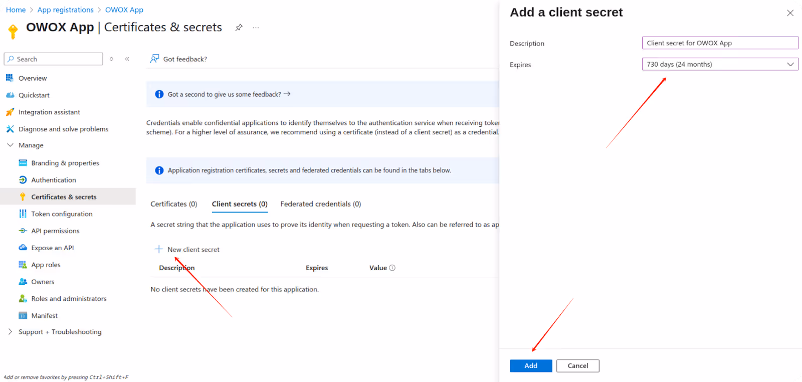 Azure Certificates & secrets page showing form to add a new client secret with fields and the Add button highlighted. i-shadow