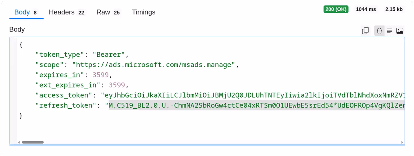 Postman response window showing a successful 200 OK status with a JSON body containing token details, including token type, scope, access token, and refresh token. i-shadow