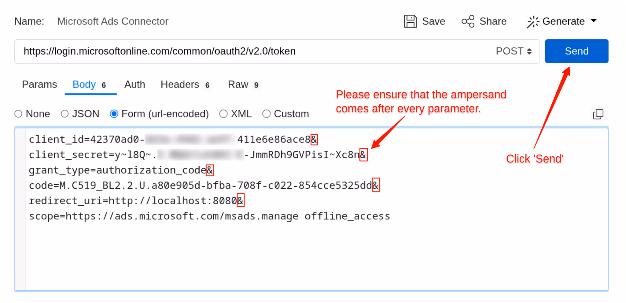 Postman window showing a POST request with form parameters and ampersands after each key-value pair, highlighting the Send button. i-shadow