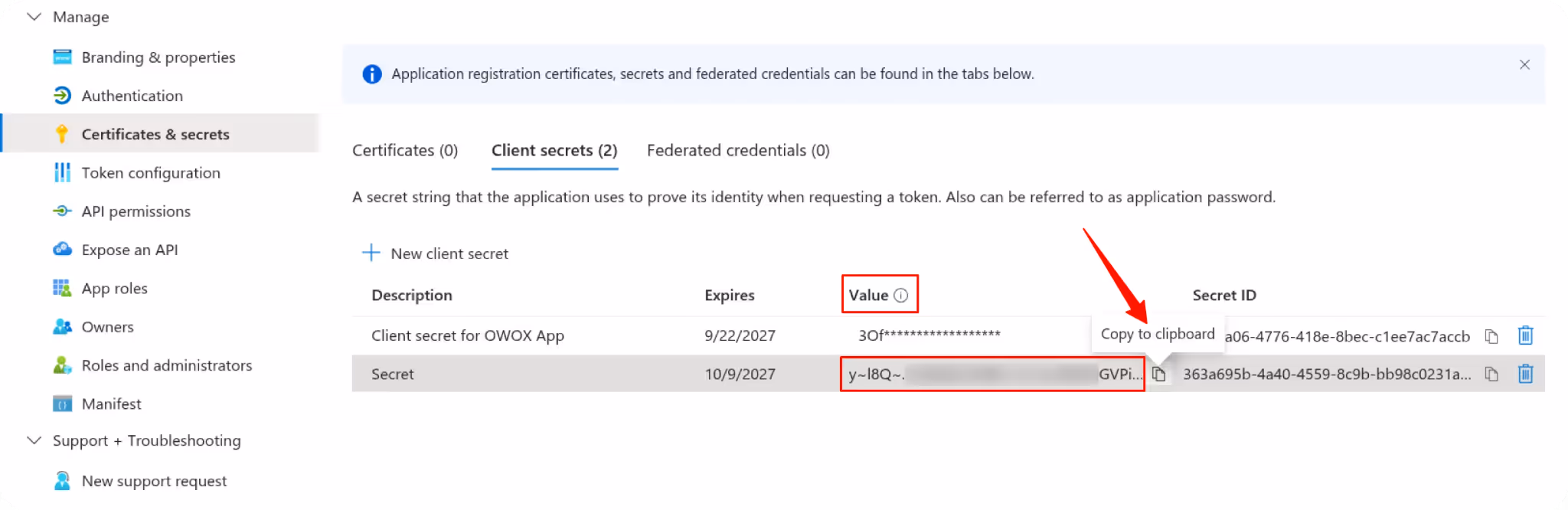 Azure portal showing the Client secrets tab with the secret value field and copy icon highlighted. i-shadow