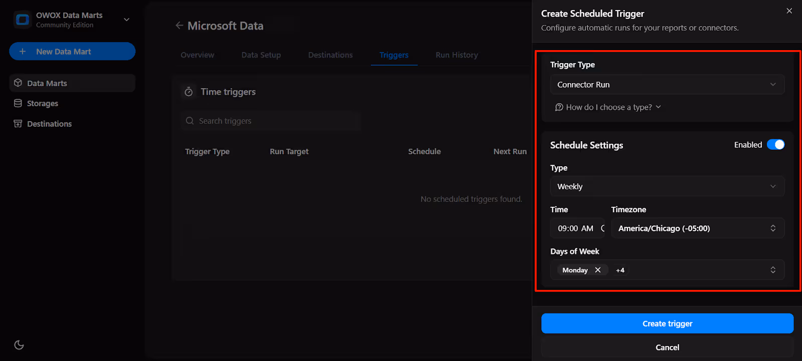 Scheduled trigger setup screen in OWOX Data Marts showing trigger type and scheduling options for automating data runs. i-shadow