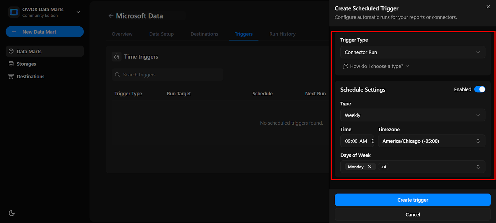 Scheduled trigger setup screen in OWOX Data Marts showing trigger type and scheduling options for automating data runs. i-shadow