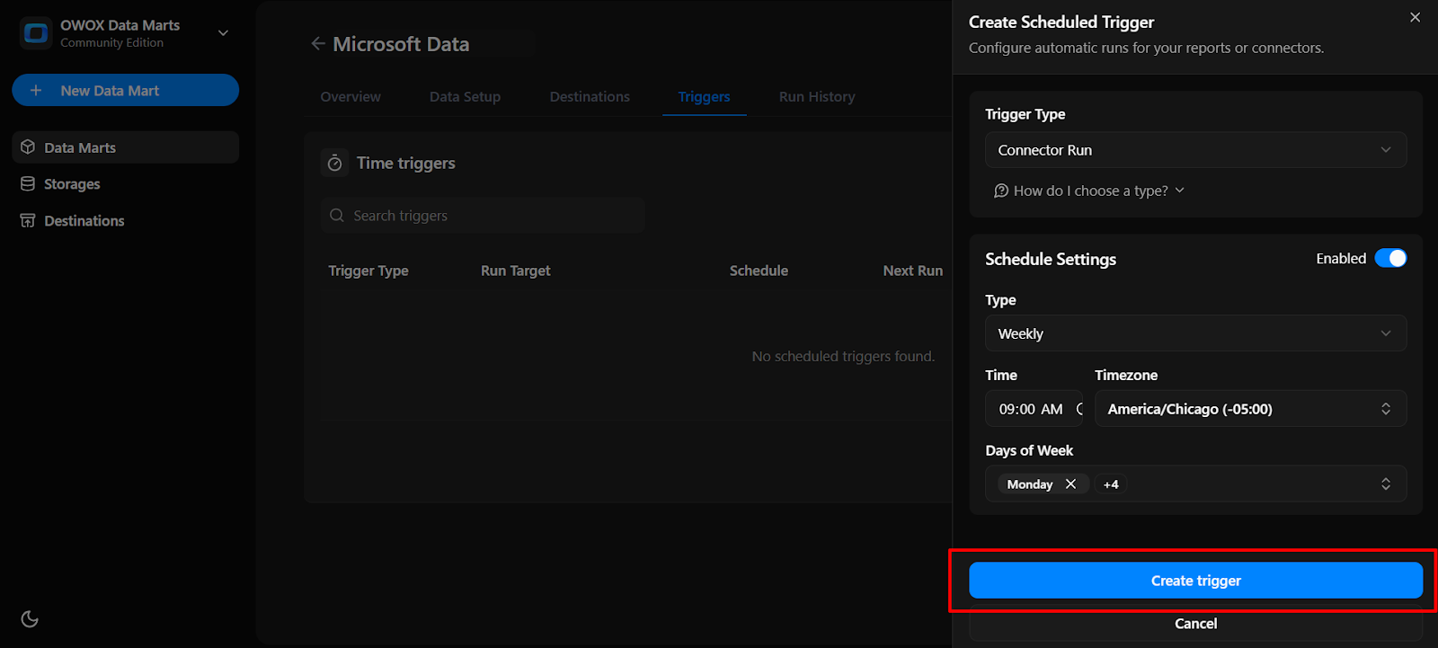 OWOX Data Marts time trigger setup showing schedule details and the 'Create trigger' button to automate data refresh based on the selected configuration.  i-shadow