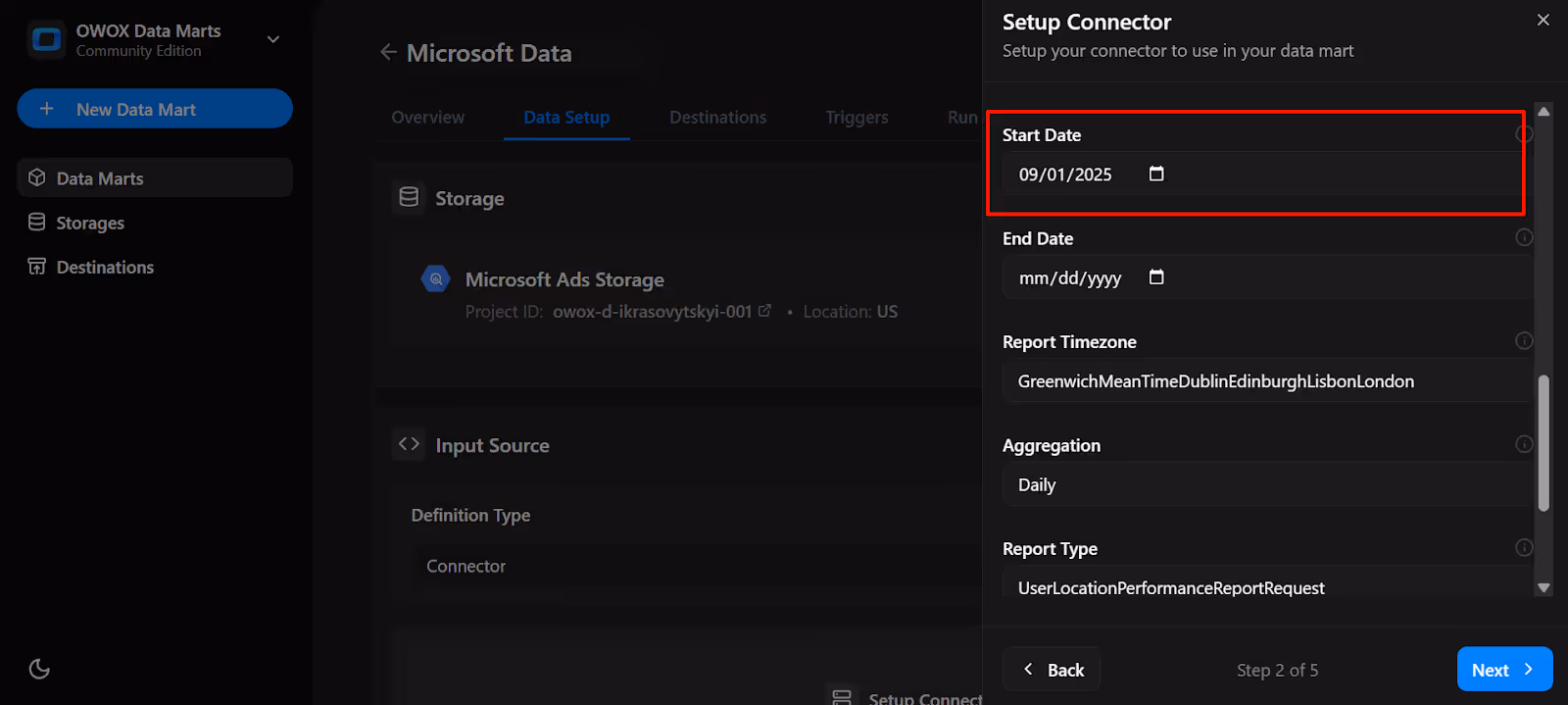 Connector configuration form with the Start Date field set to 2025-07-01 for fetching data from Microsoft Ads. i-shadow