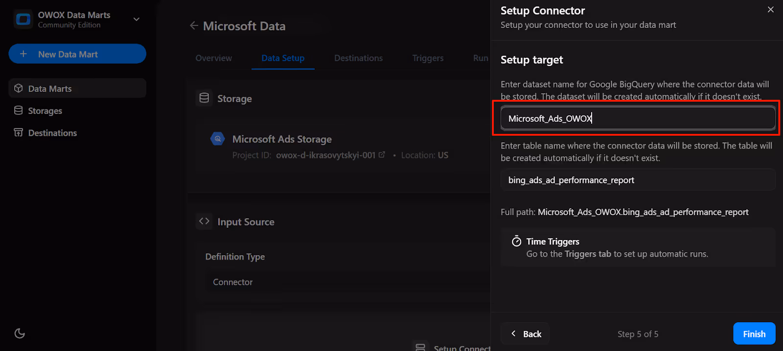 Final setup screen showing the target dataset and table path in BigQuery with time triggers hint enabled. i-shadow