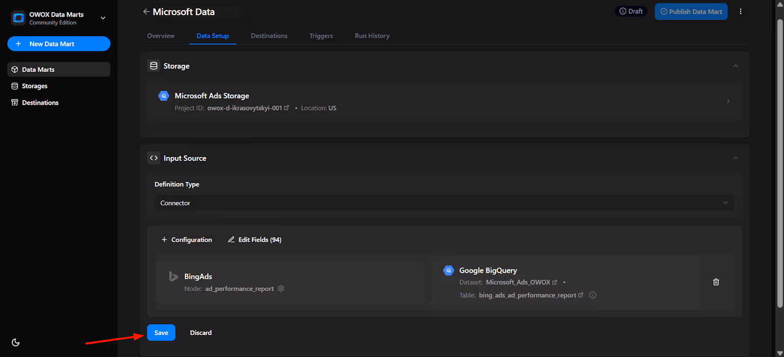 OWOX Data Marts configuration screen showing successful mapping between Microsoft Ads and BigQuery table with a Save button. i-shadow