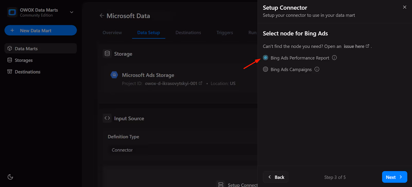 Node selection menu for Microsoft Ads, with options like Bing Ads Performance Report. i-shadow