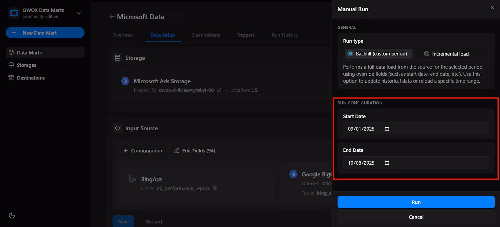 Manual Run configuration panel in OWOX Data Marts showing run type options and fields to set start and end dates. i-shadow