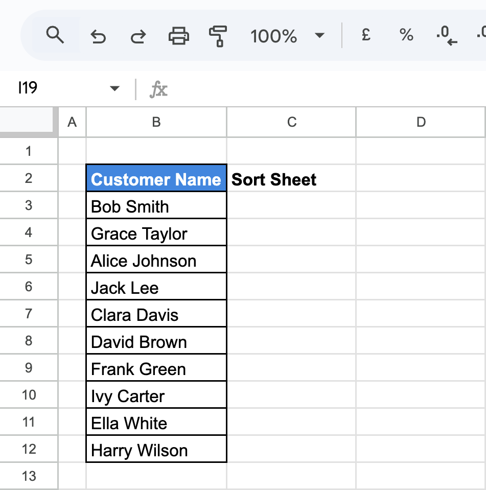A Google Sheets dataset with "Customer Name" as the header in the first row, preparing for sorting. i-border